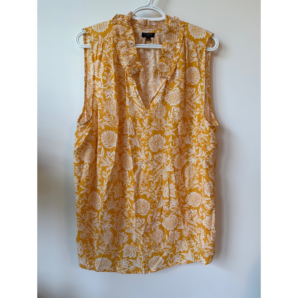 Talbots Plus Womens 2X Mustard Yellow Floral Ruffle V-Neck Sleeveless Blouse Top
